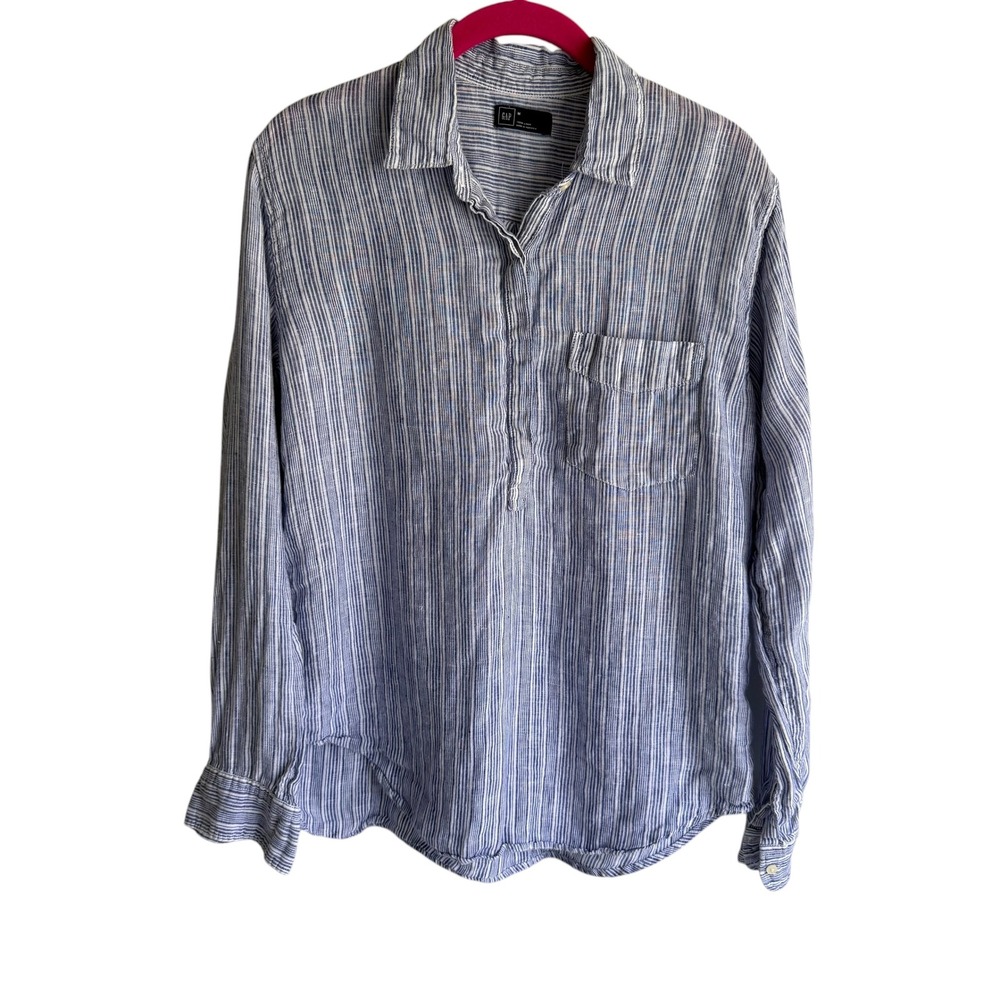GAP Blue Striped Roll Tab Sleeve‎ Linen Summer Long Sleeve Ladies Top, M